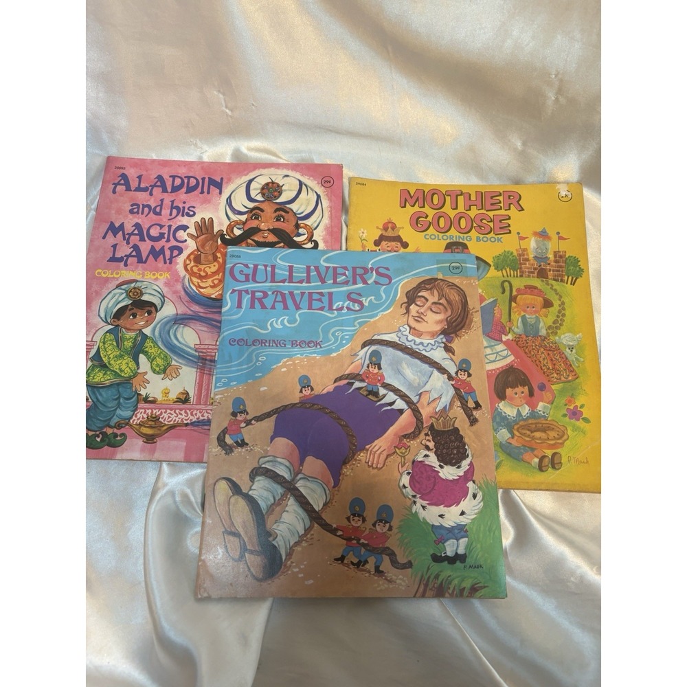Vtg Lot 3 P Mauk Coloring Books Aladdin Gulivers Mother Goose Most Uncolored